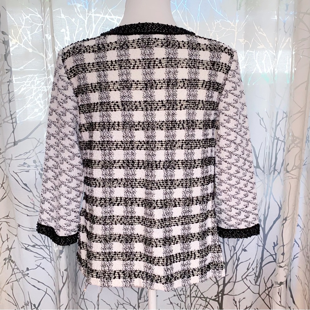 ST. JOHN black white checker print tweed long sleeves open front cardigan jacket - Picture 2 of 13